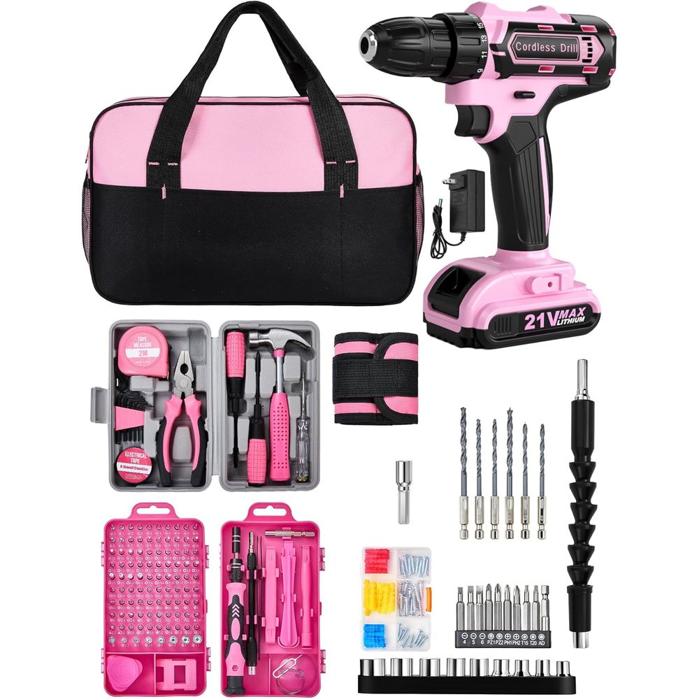 21V Pink Power Drill Set, 215- - مراجعة Power Tools Pink وسعره