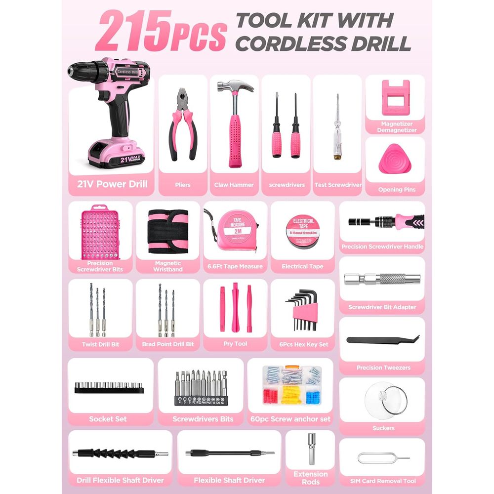 21V Pink Power Drill Set, 215- - مراجعة Power Tools Pink وسعره