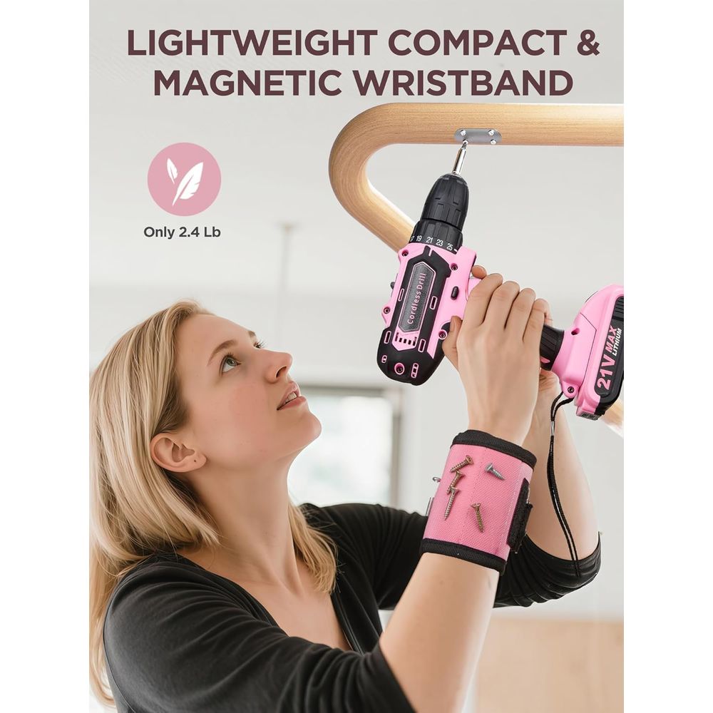 21V Pink Power Drill Set, 215- - مراجعة Power Tools Pink وسعره