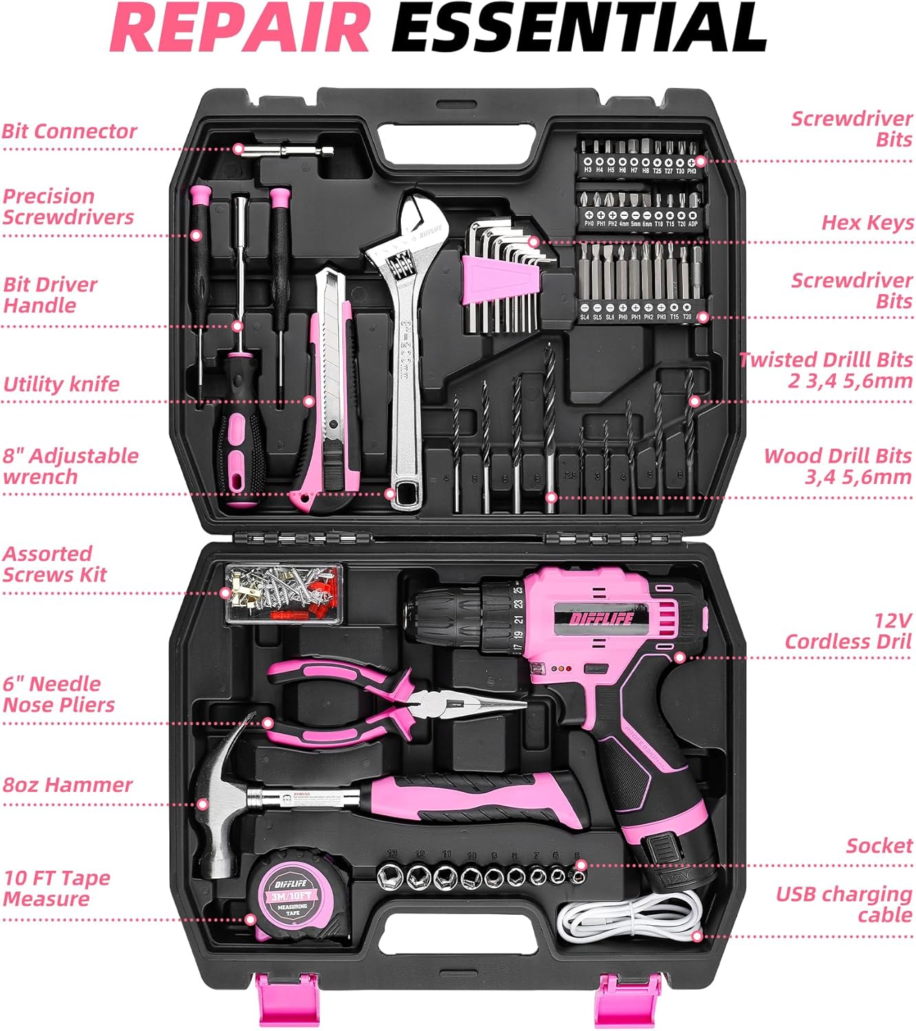 147 Piece Pink Power Drill Dri - مراجعة Power Tools Pink وسعره
