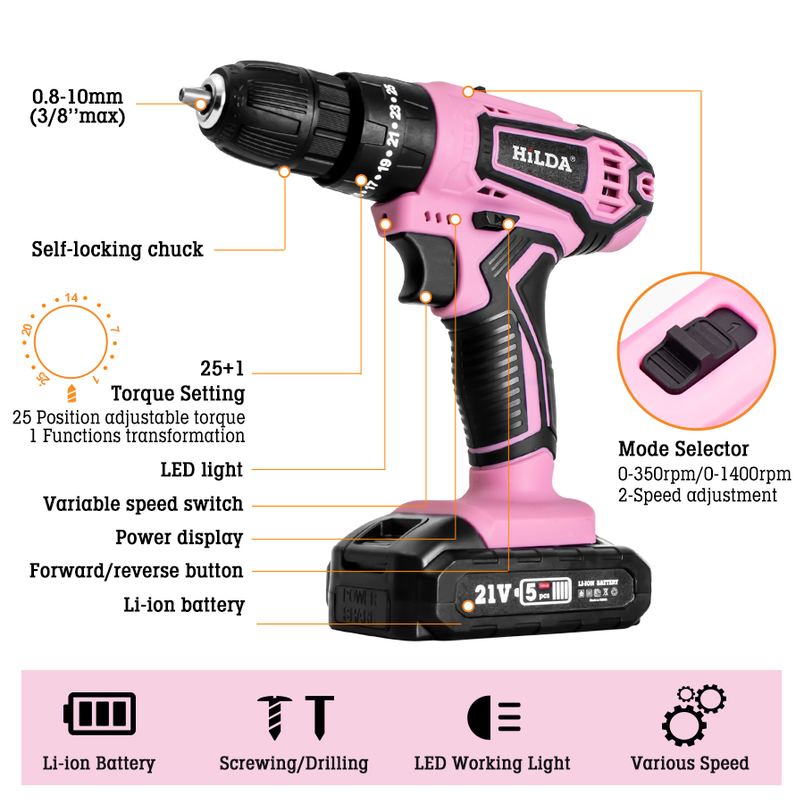HILDA 21V Pink Drill Electric  - مراجعة Power Tools Pink وسعره